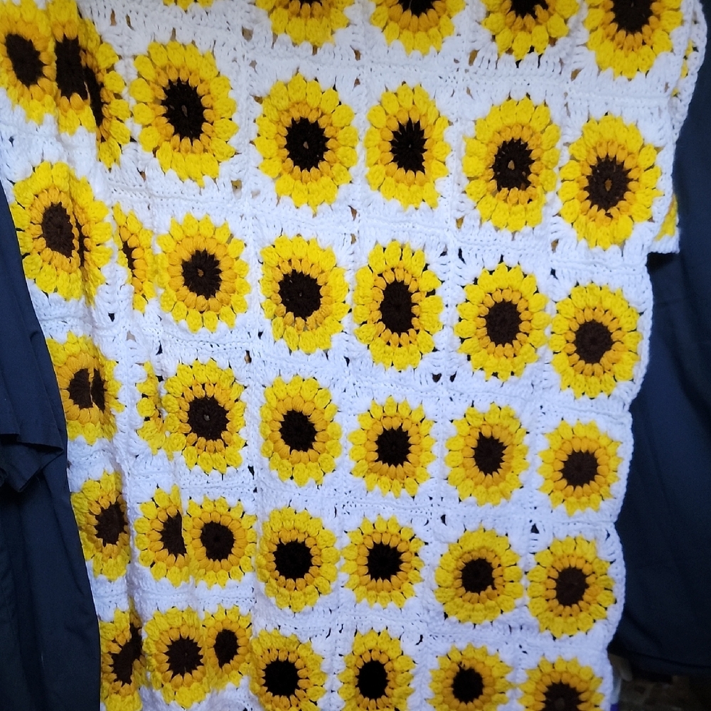 Sunflower Patterned Throw - White, Yellow, and Brown Handmade Crochet